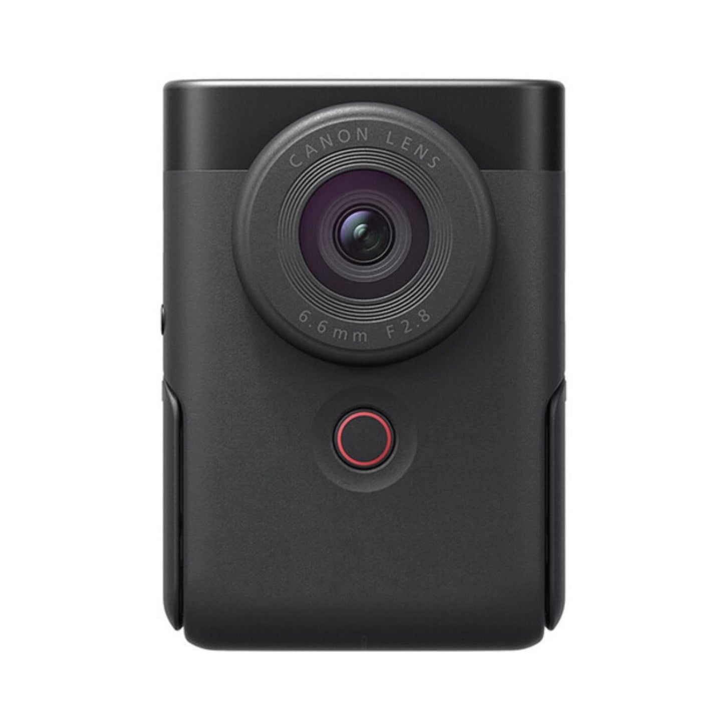 Vlog-Kamera PowerShot V10: schwarze Front mit Objektiv und rotem Aufnahme-Ring