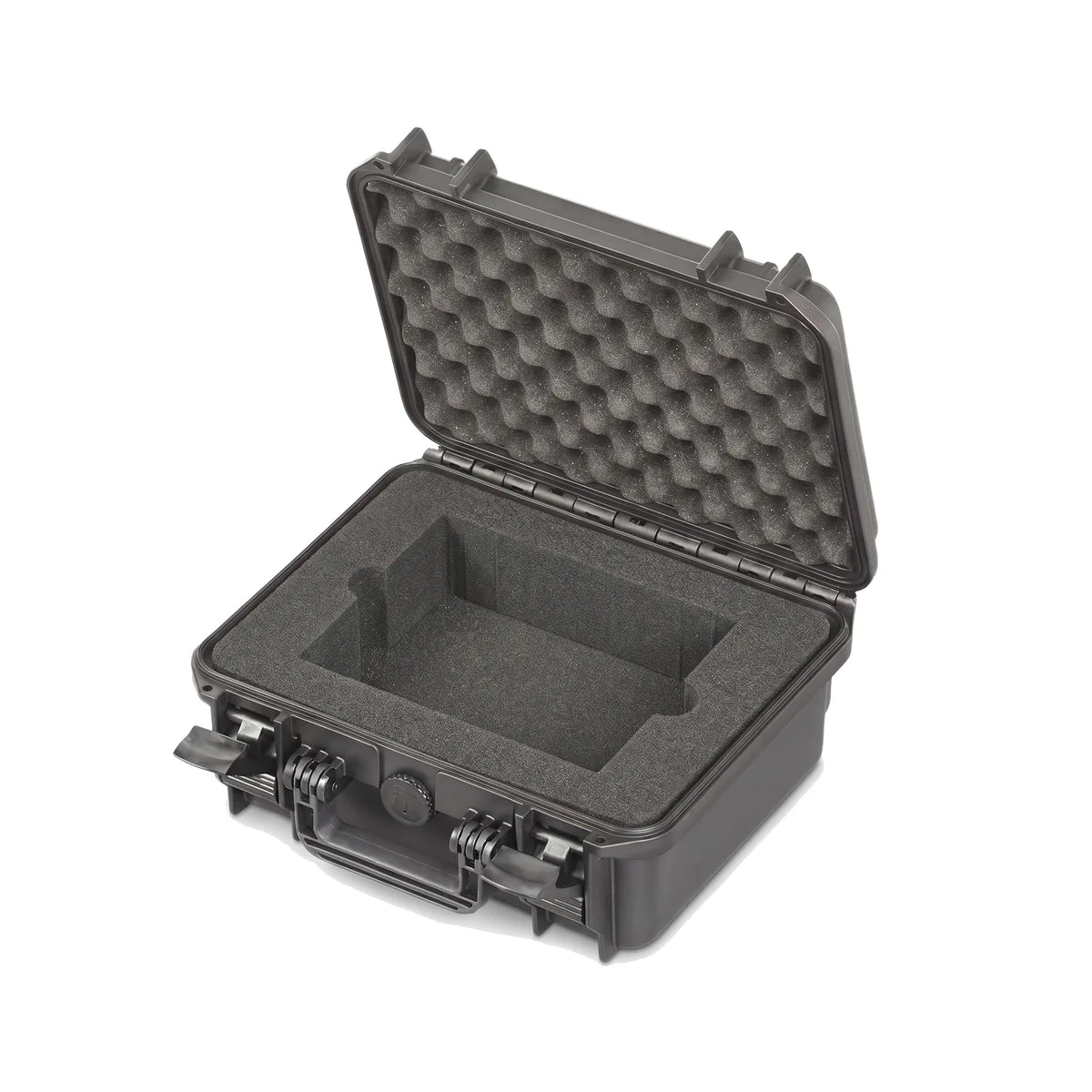 Black hard equipment case with hinged lid and cut foam insert, front latch bars