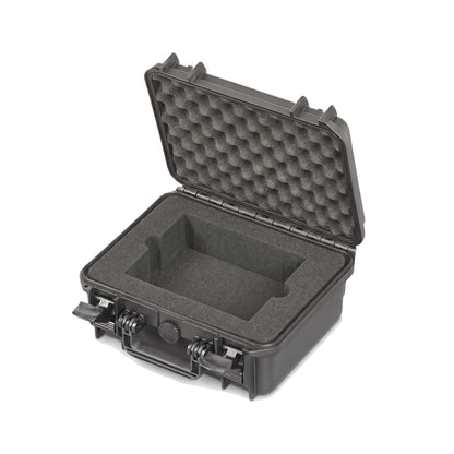 Black hard equipment case with hinged lid and cut foam insert, front latch bars