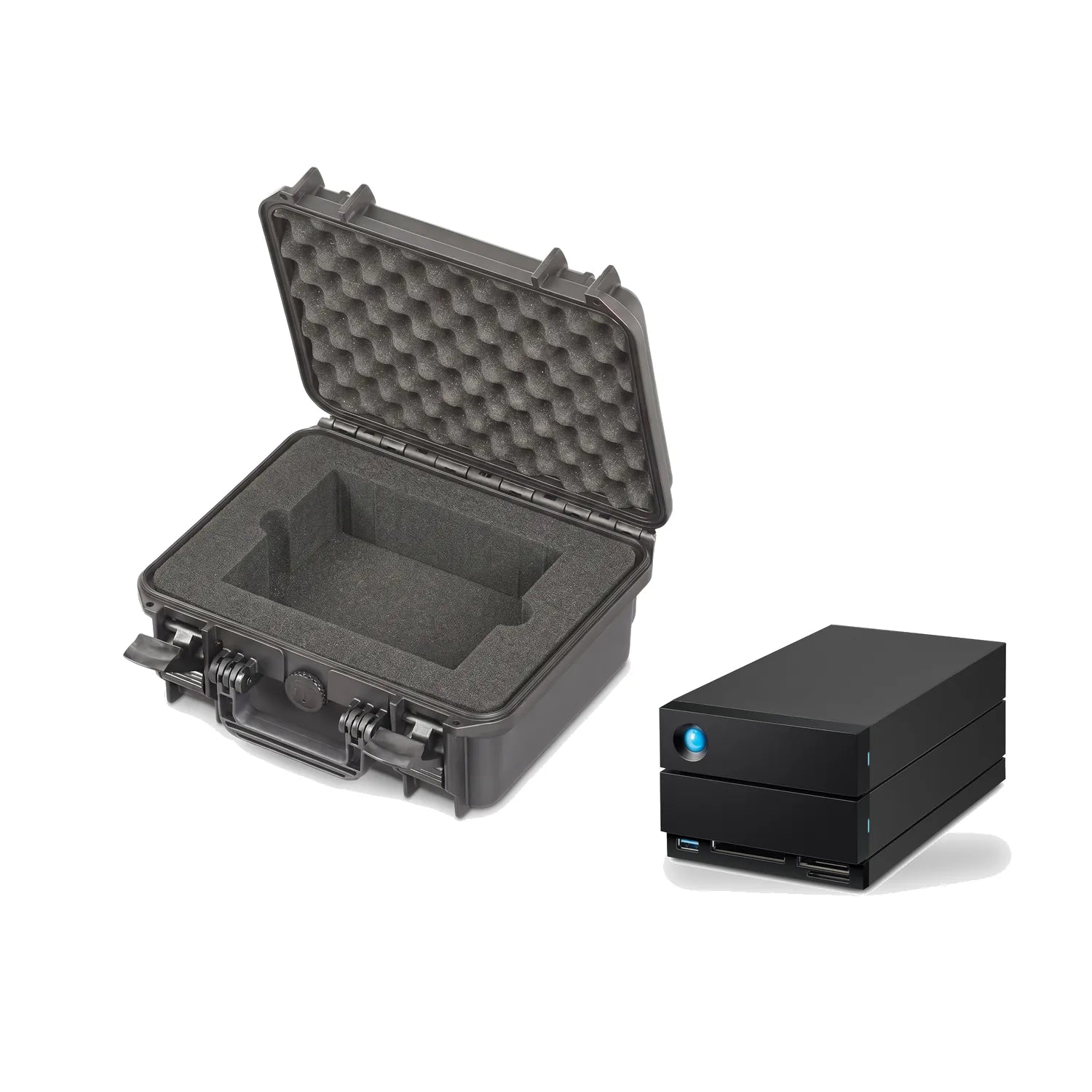 Case Kavach Vantage 180 hard case with laser-cut foam, shown beside the LaCie 2big Dock