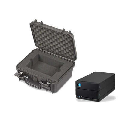 Black hard case with hinged lid and foam insert, shown beside a dock
