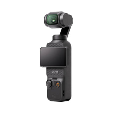 Osmo Pocket 3 action camera side view with powered-off touchscreen, black