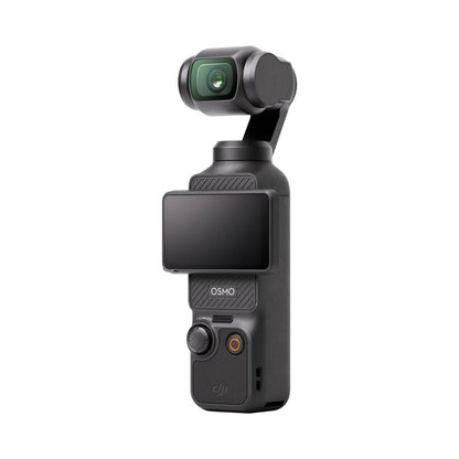 Osmo Pocket 3 action camera side view with powered-off touchscreen, black