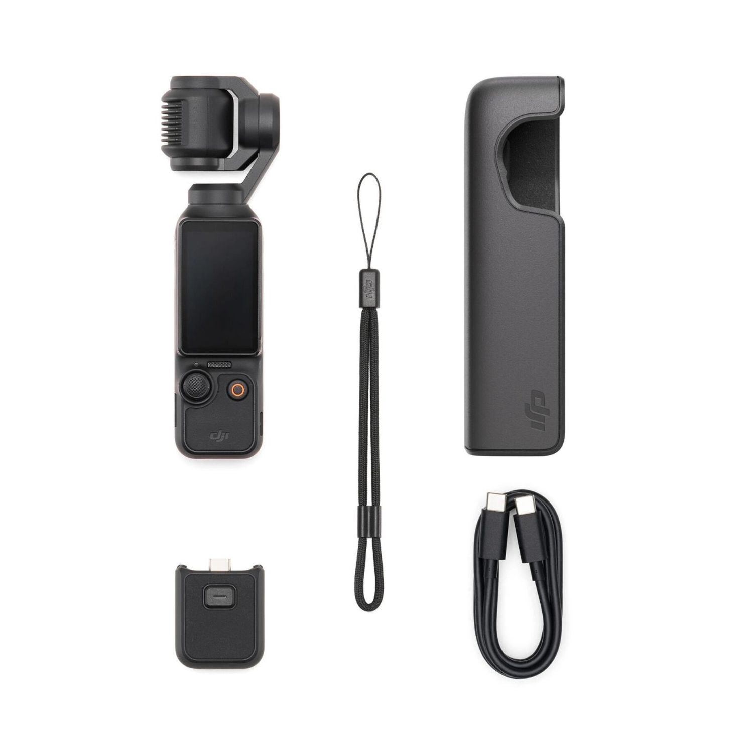 Osmo Pocket 3 action camera bundle: case, strap, cable, and grip, black