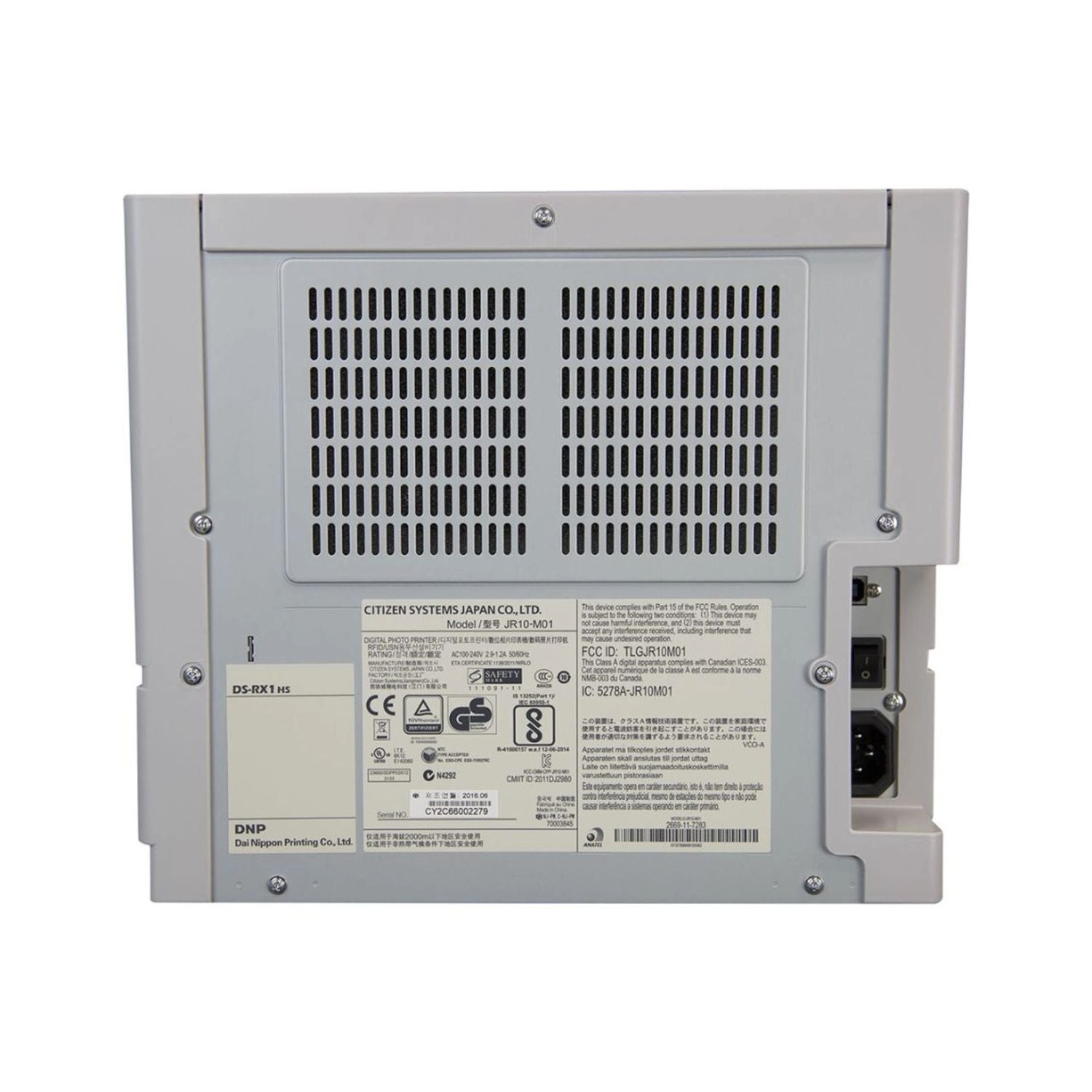 DS-RX1HS dye sublimation printer rear panel, ventilation grille and ports