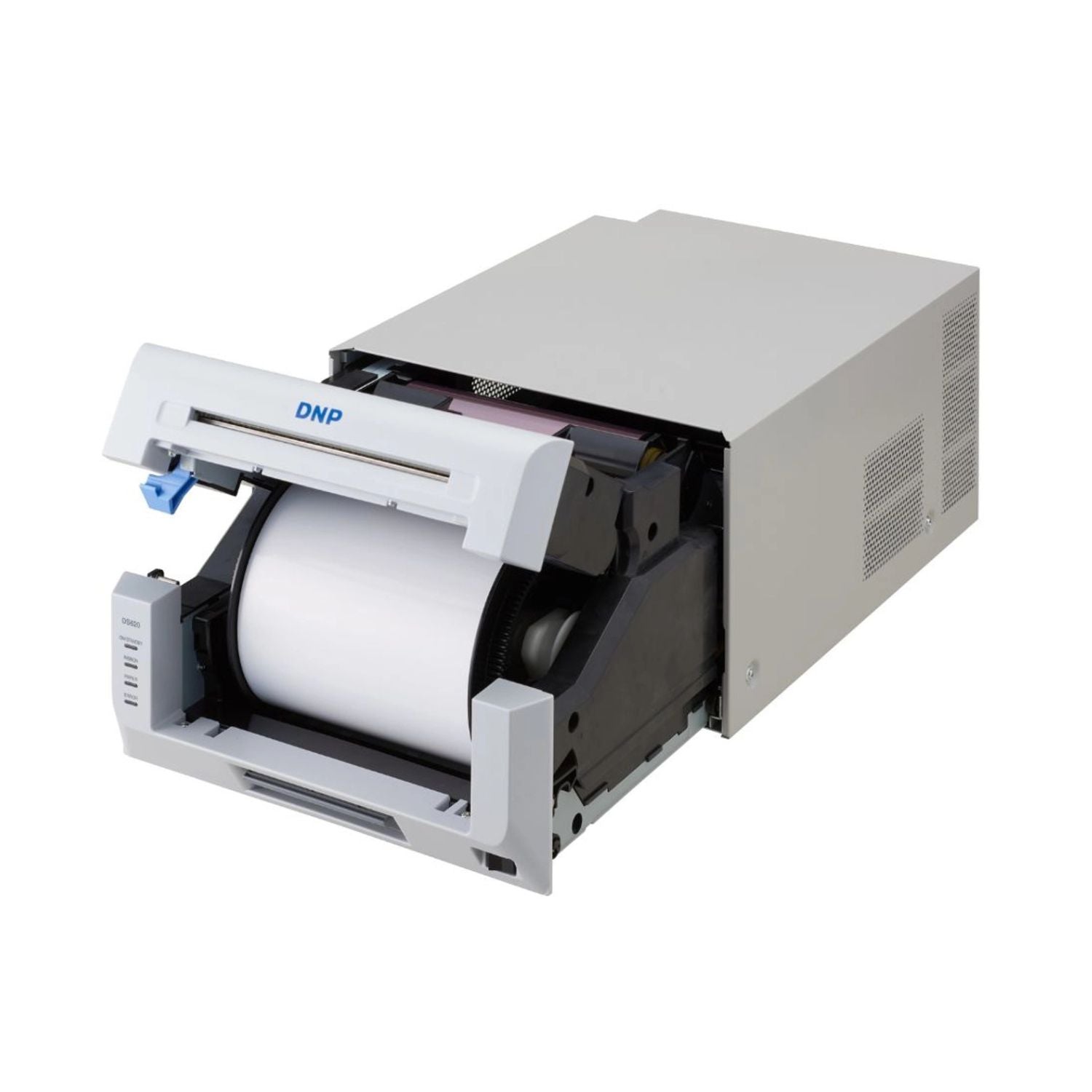 DNP DS620 6-Zoll-Photo-Drucker mit geöffnetem Papierfach und Druckwalze