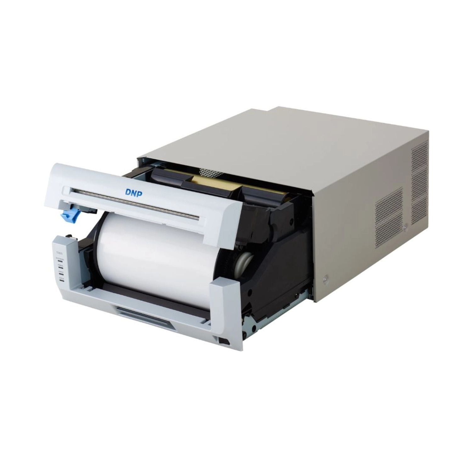DS820 photo printer open with roll paper loaded and front feed opening