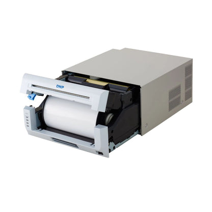 DS820 photo printer open with roll paper loaded and front feed opening