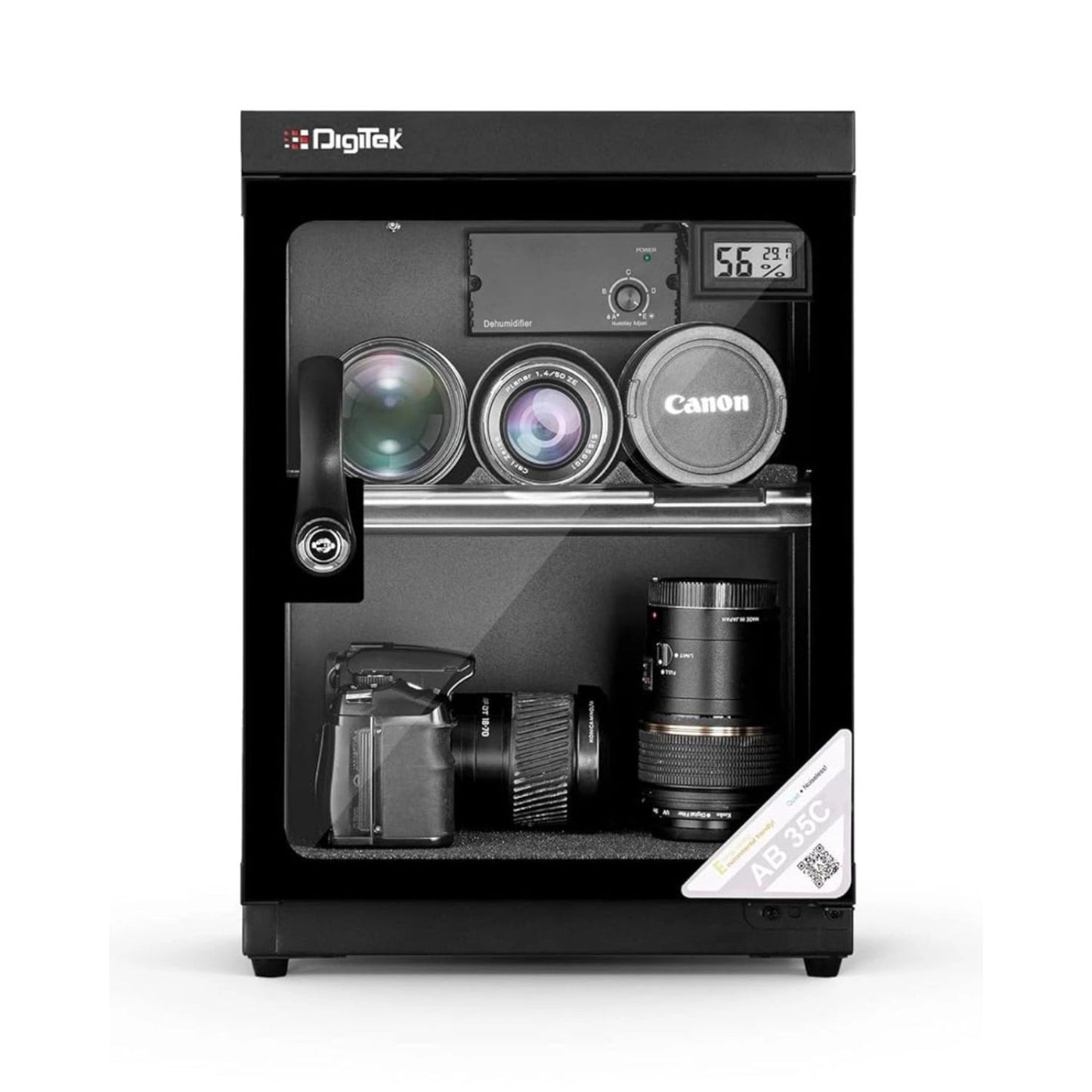 Black 35C digital display dry cabinet with open door and shelves for cameras