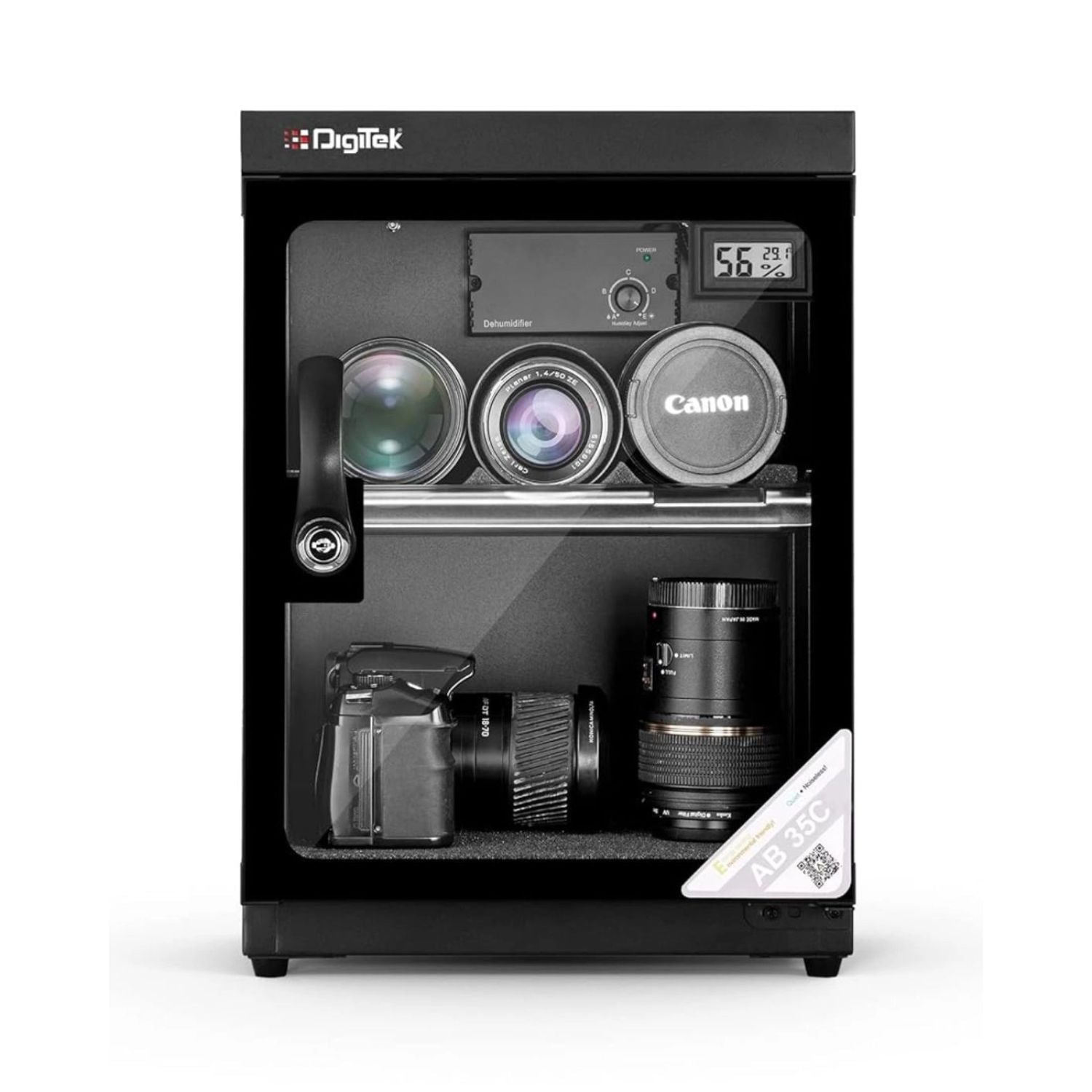 Black 35C digital display dry cabinet with open door and shelves for cameras