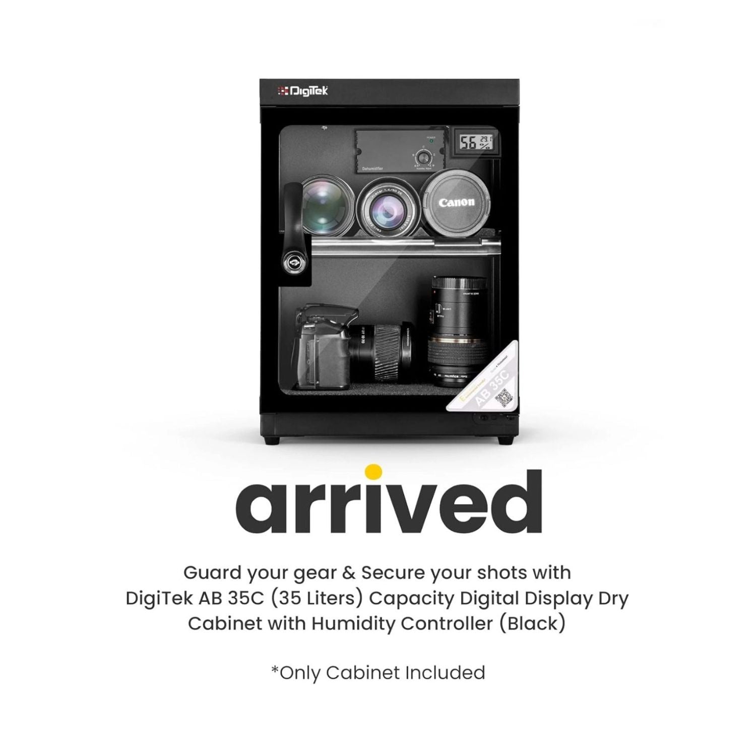Digital display dry cabinet with open front, lenses inside, humidity reading 56%