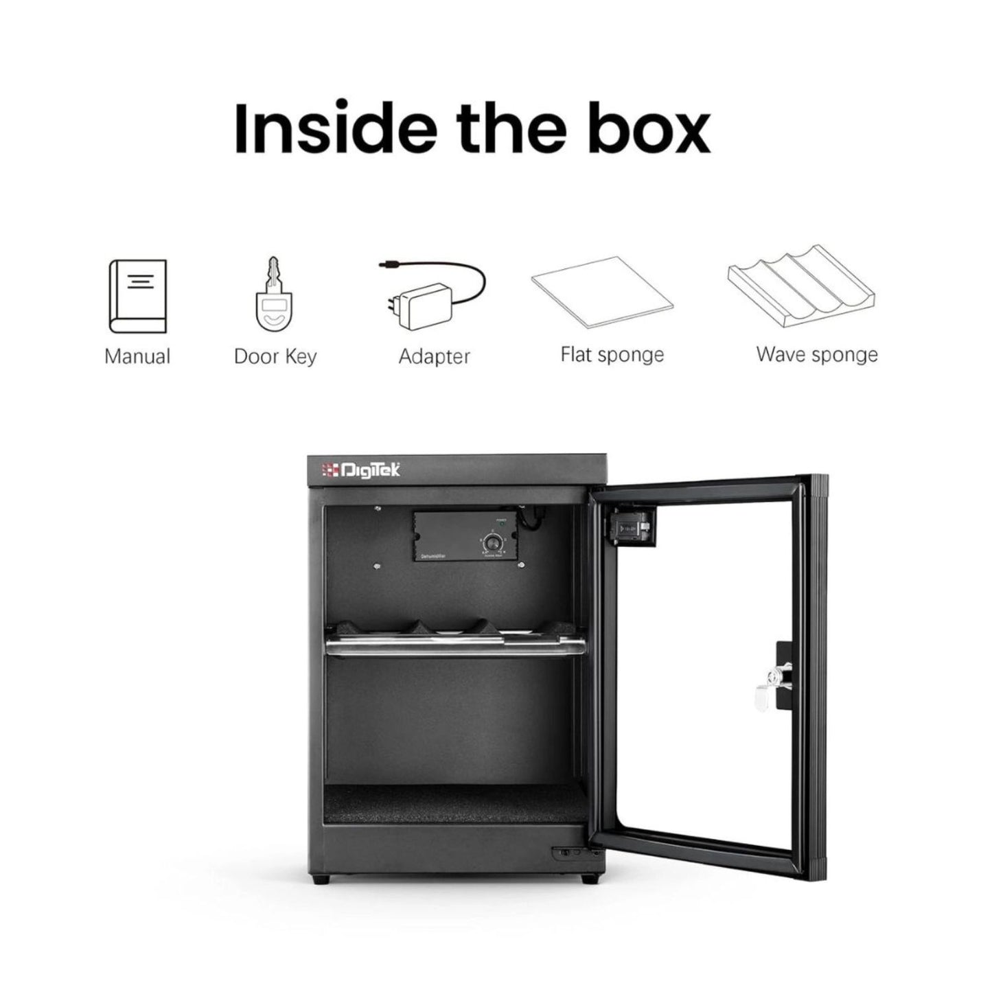 Black dry cabinet shown open with accessories included icons above