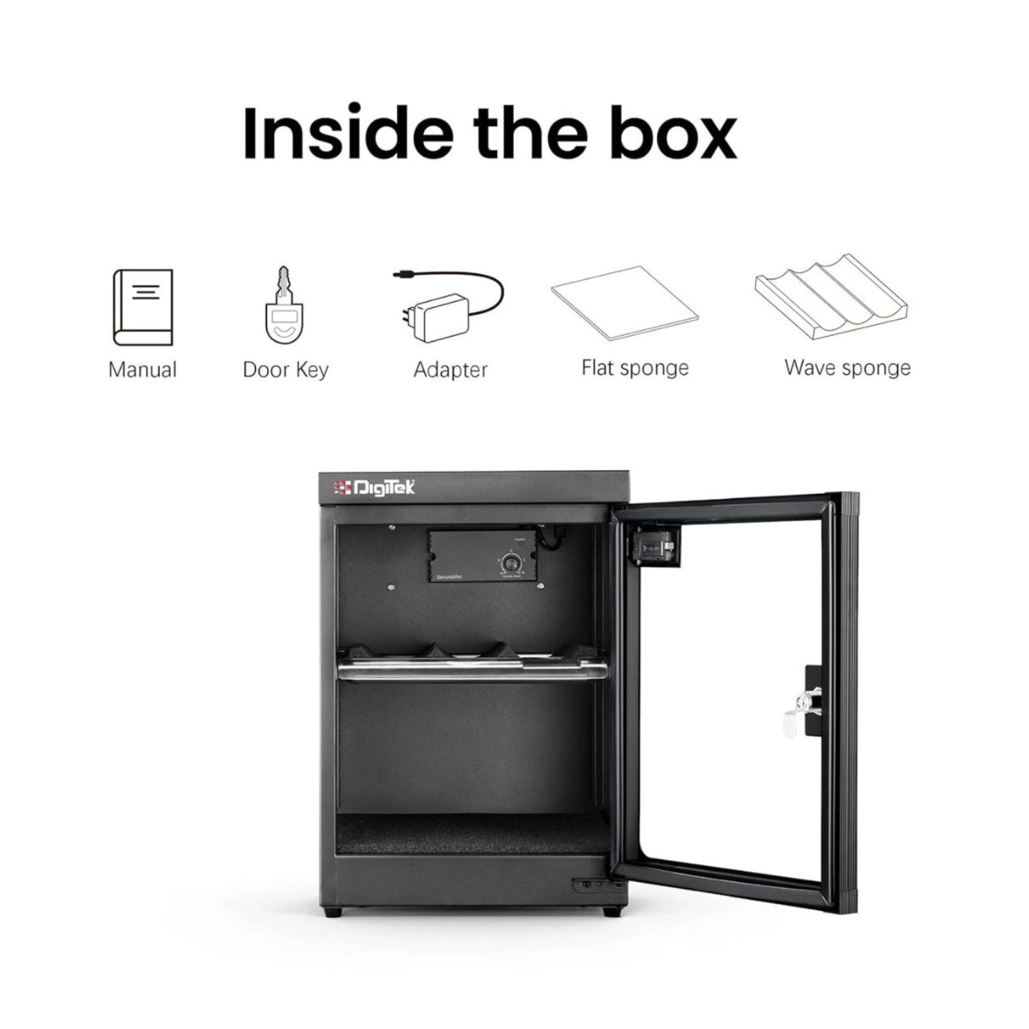 Black dry cabinet shown open with accessories included icons above