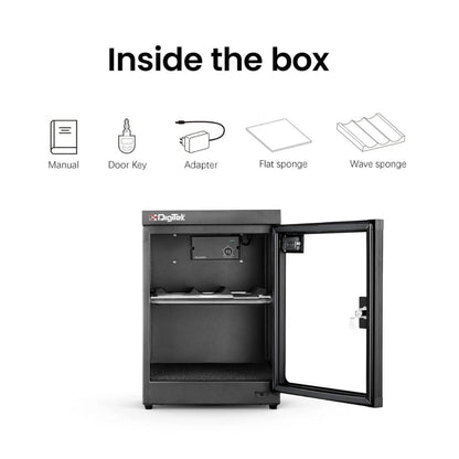 Black dry cabinet shown open with accessories included icons above