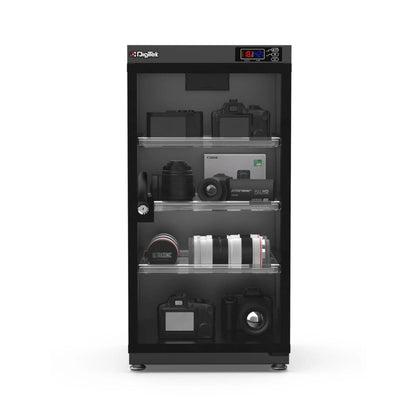 Digital display dry cabinet, 105-liter capacity, clear front window.