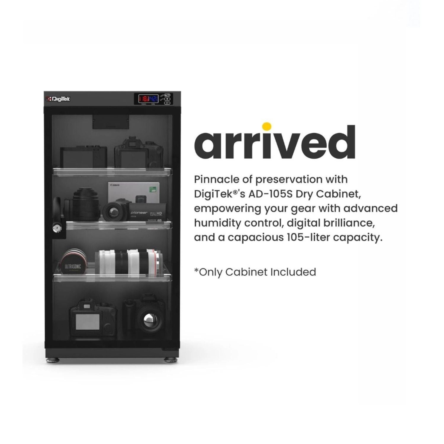 Dry cabinet with humidity controller, clear door, 105-liter capacity.