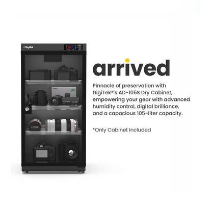 Dry cabinet with humidity controller, clear door, 105-liter capacity.