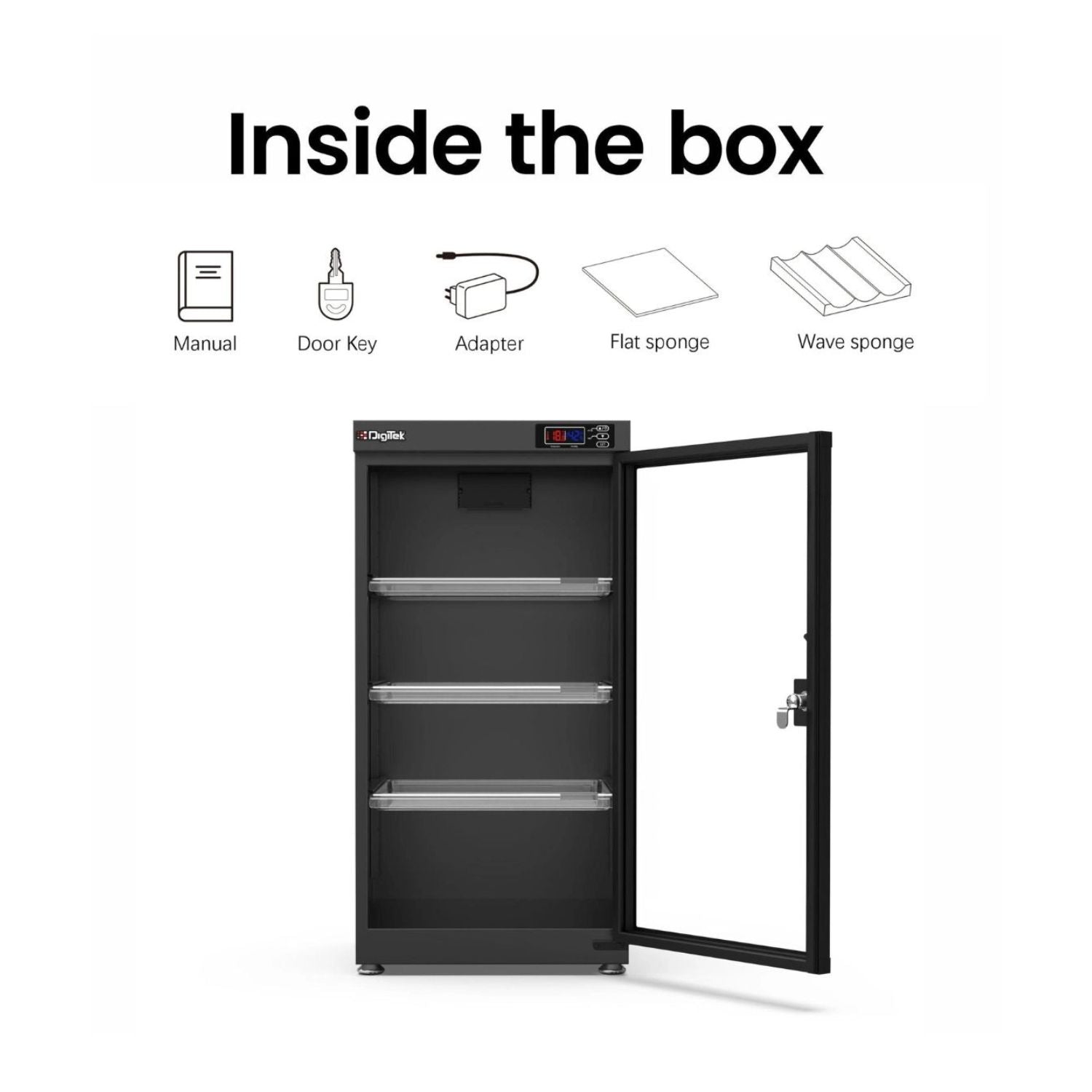 Open 105-liter dry cabinet with door key, manual, adapter, and cleaning sponges.