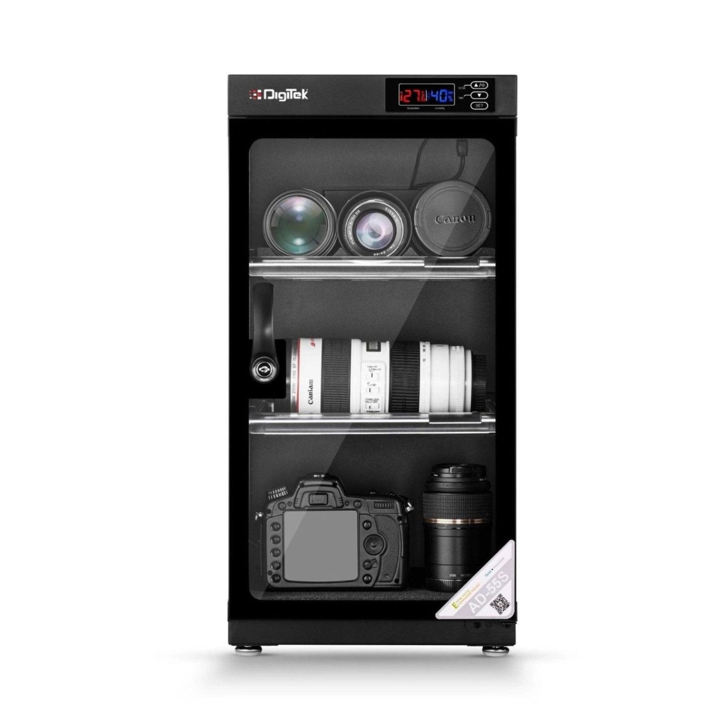 Digitek dry cabinet with humidity controller, transparent front window, digital display on top