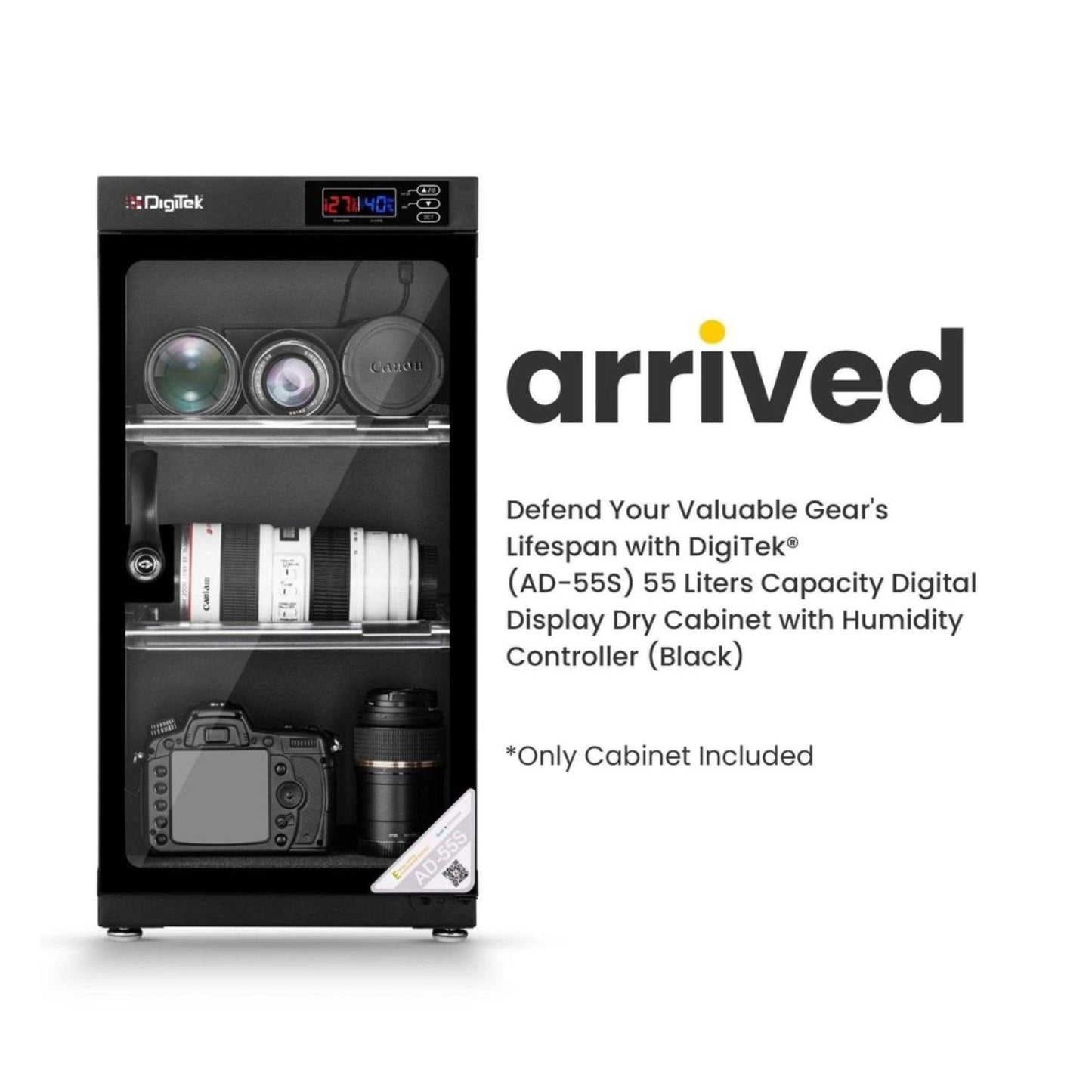 Digital display dry cabinet with humidity controller, front window showing compartments and items
