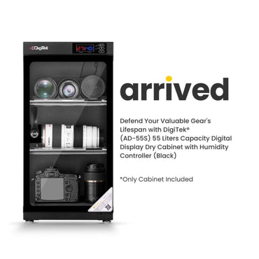 Digital display dry cabinet with humidity controller, front window showing compartments and items