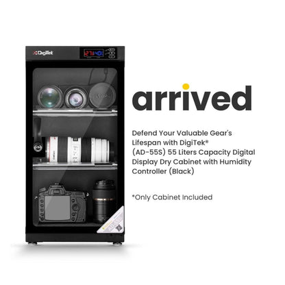 Digital display dry cabinet with humidity controller, front window showing compartments and items