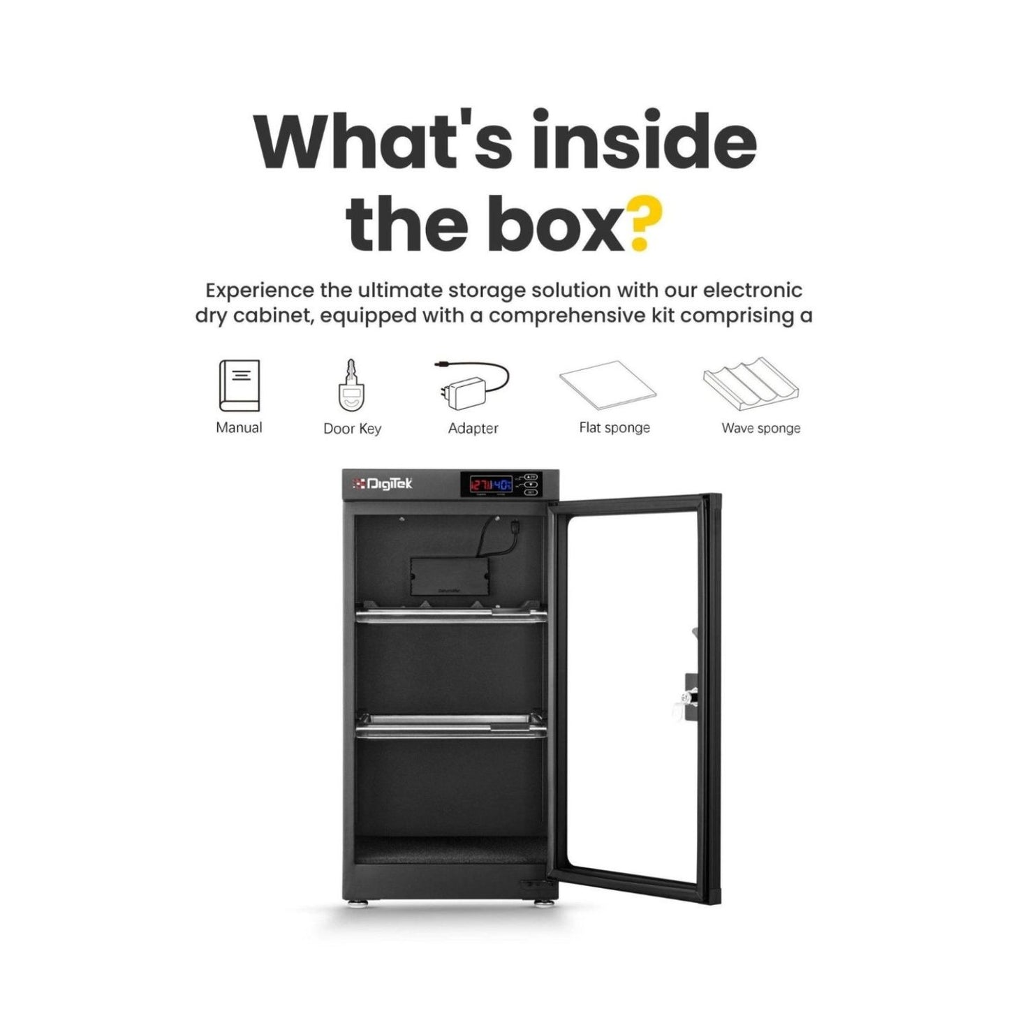 Dry cabinet opened to show interior shelves and front door with lock, digital humidity display