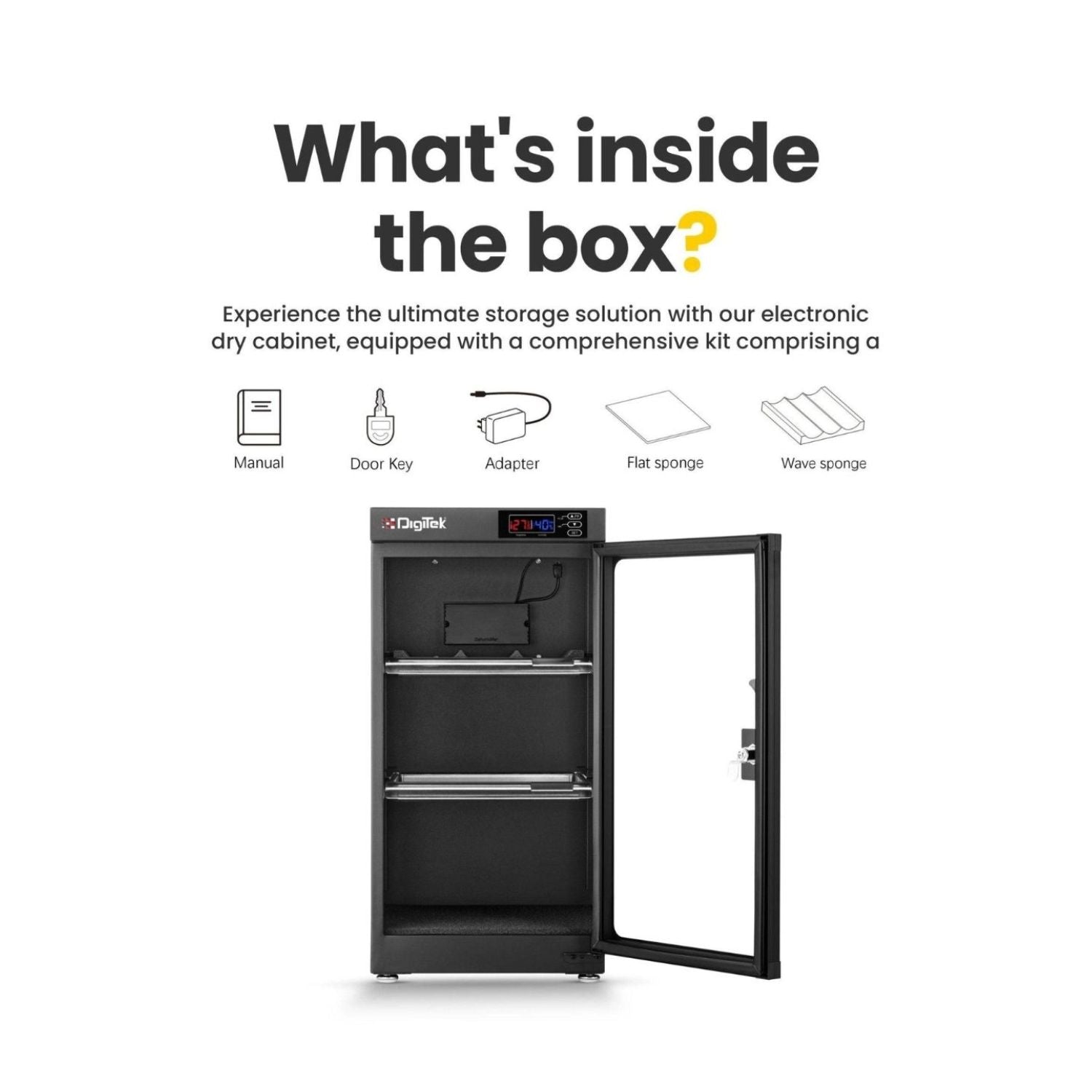 Dry cabinet opened to show interior shelves and front door with lock, digital humidity display