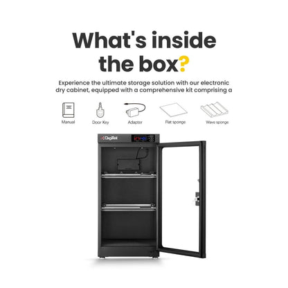 Dry cabinet opened to show interior shelves and front door with lock, digital humidity display