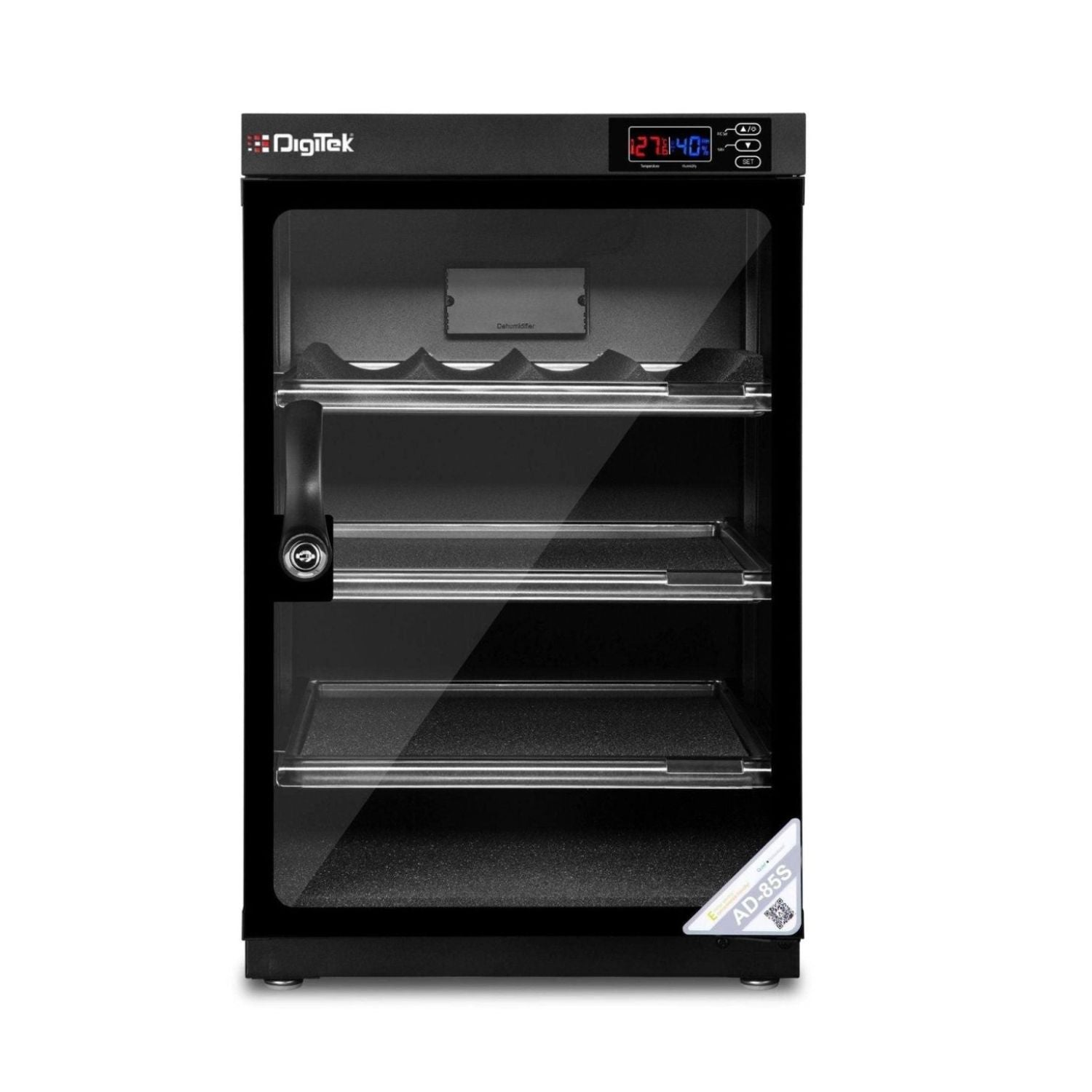 AD-85S black digital dry cabinet with humidity controller, glass door and 3 wire shelves