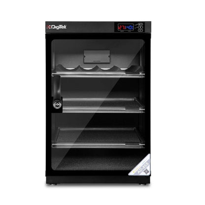 AD-85S black digital dry cabinet with humidity controller, glass door and 3 wire shelves