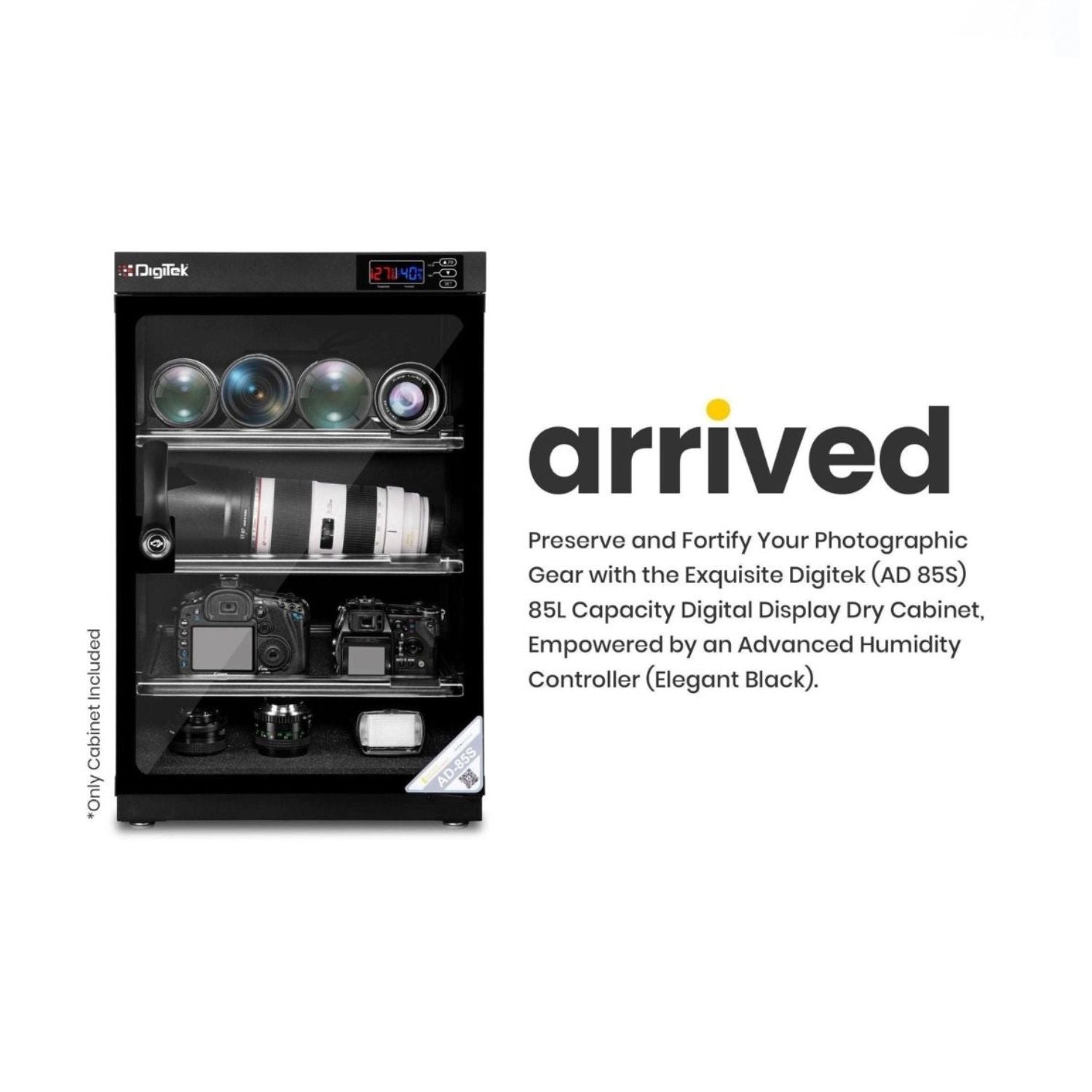 AD-85S dry cabinet with digital display and humidity controller, interior shelves with cameras