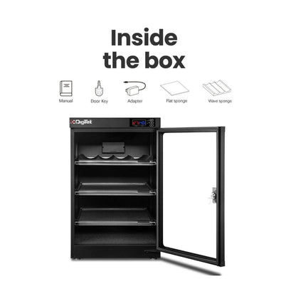 AD-85S dry cabinet with door open, interior shelves and included accessories shown