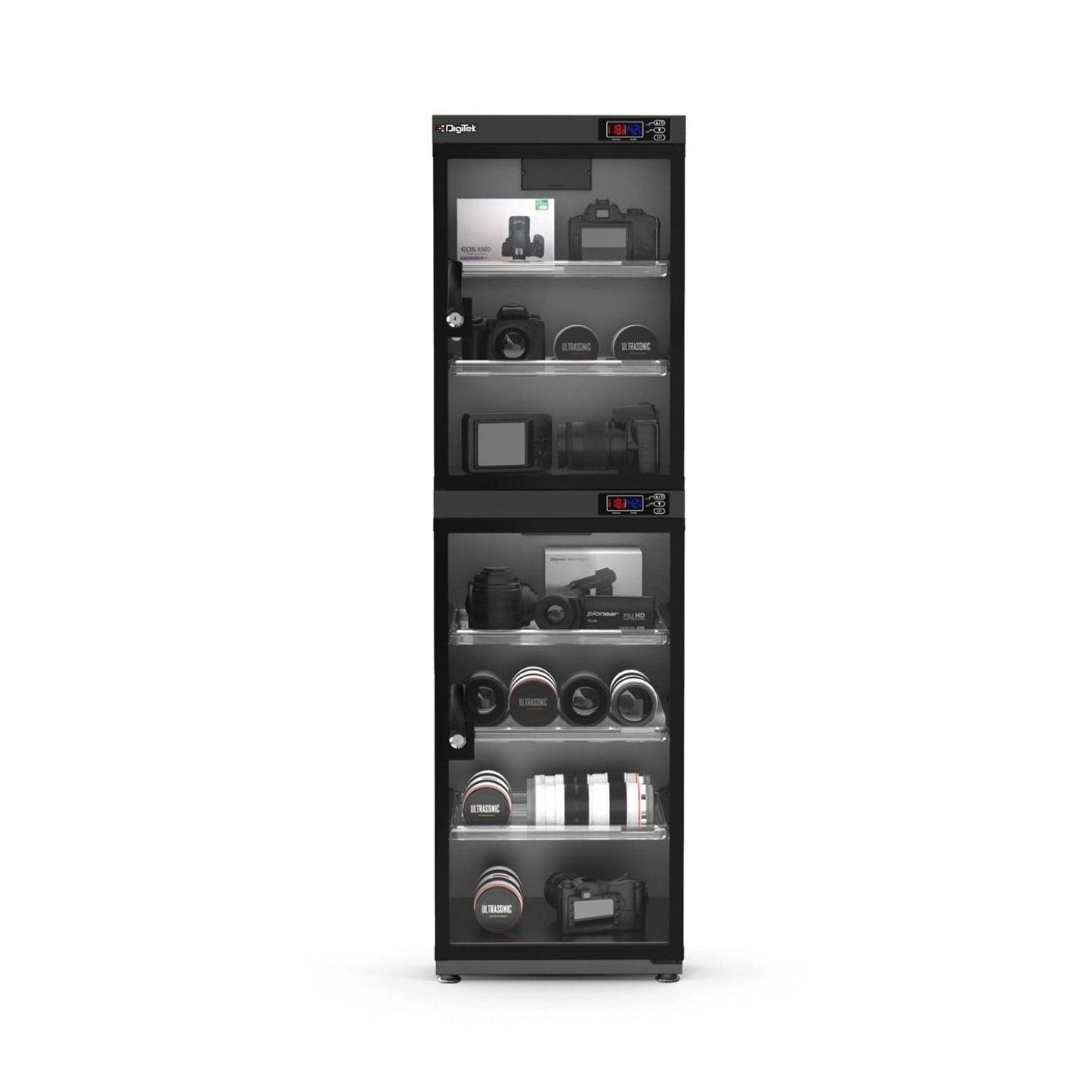 Digital display dry cabinet with glass door and multiple interior shelves