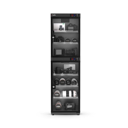 Digital display dry cabinet with glass door and multiple interior shelves