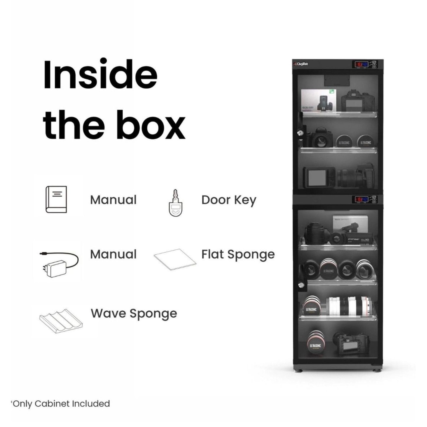 Dry cabinet packaging includes manual, door key, flat and wave sponges