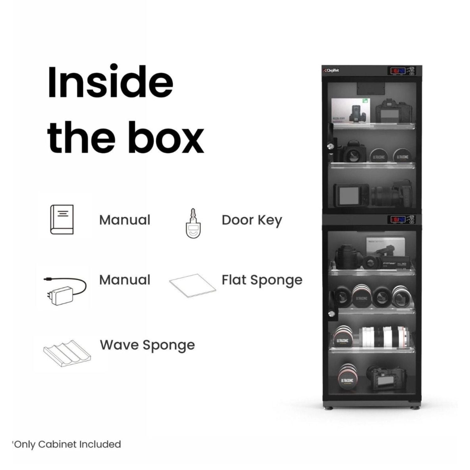 Dry cabinet packaging includes manual, door key, flat and wave sponges