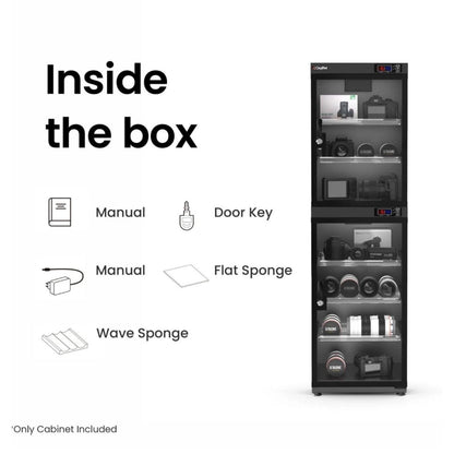Dry cabinet packaging includes manual, door key, flat and wave sponges