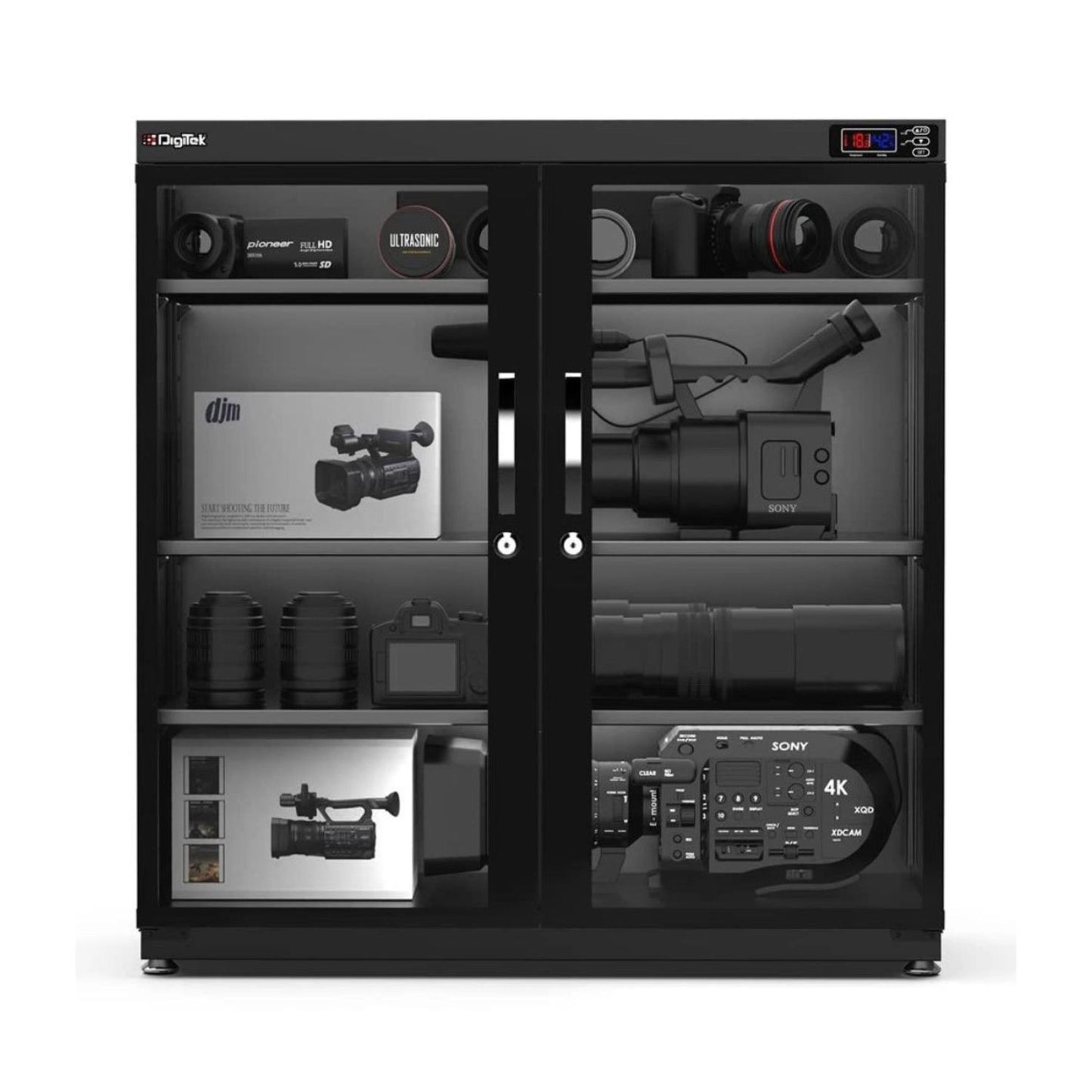 Digital display drying cabinet with humidity controller, open doors, interior shelves