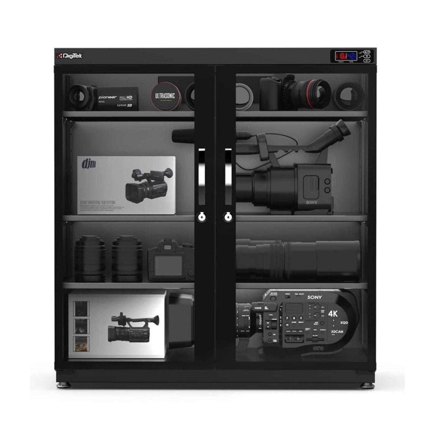 Digital display drying cabinet with humidity controller, open doors, interior shelves