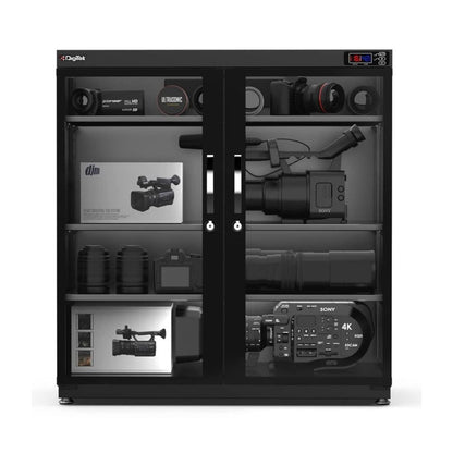 Digital display drying cabinet with humidity controller, open doors, interior shelves