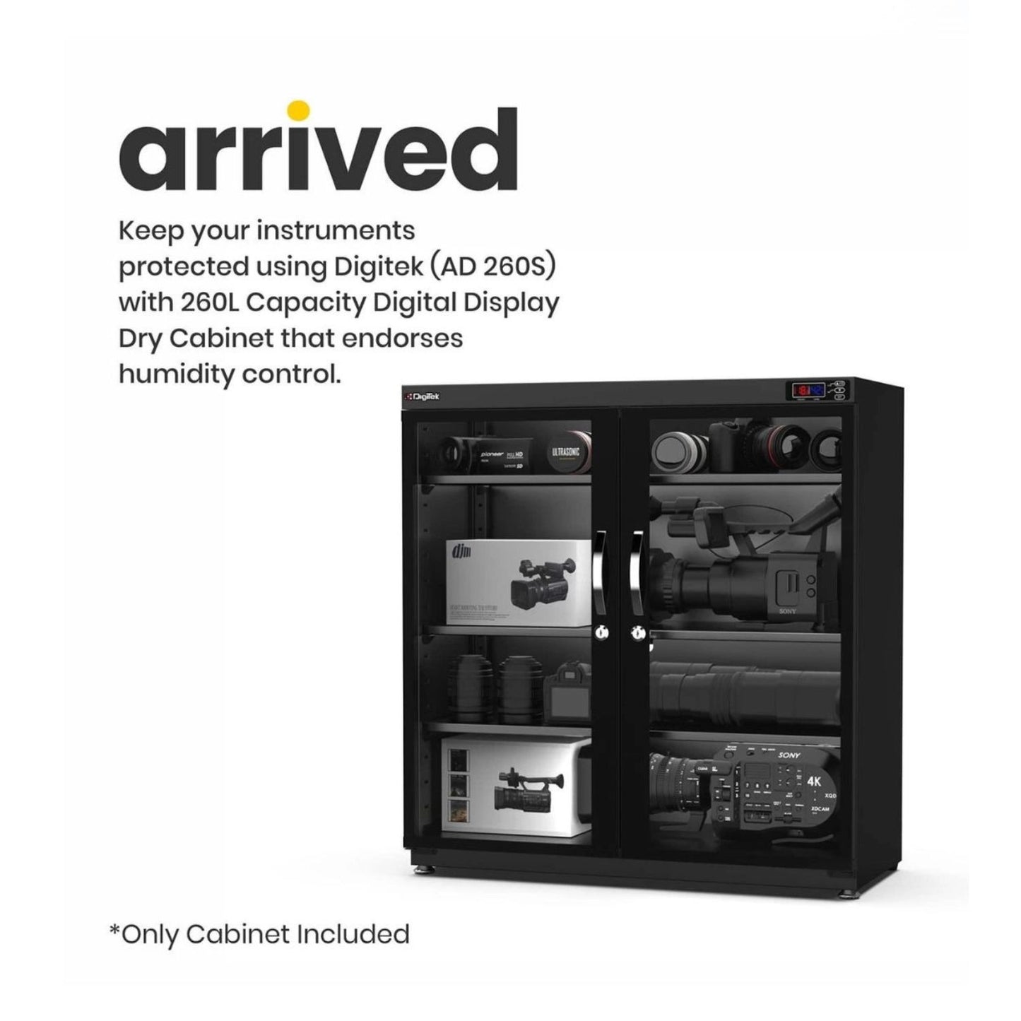 Digitek 250L dry cabinet with digital humidity display, front doors closed