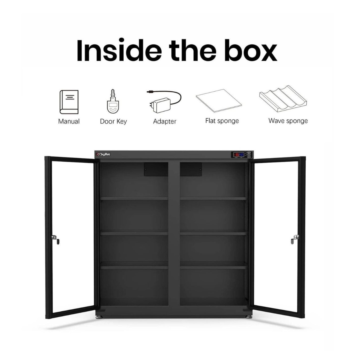 Dry cabinet with doors open, interior compartments and adjustable shelves