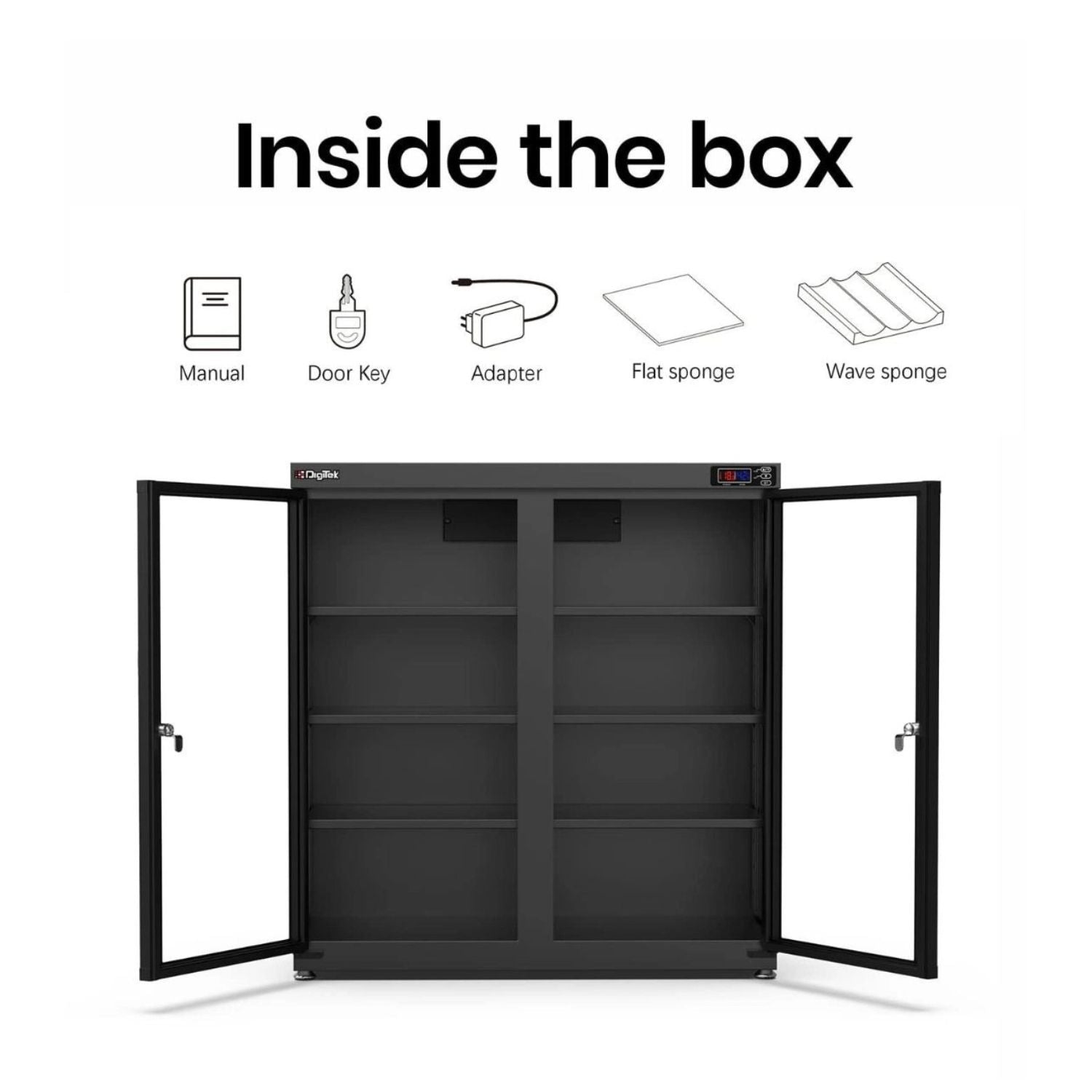 Dry cabinet with doors open, interior compartments and adjustable shelves