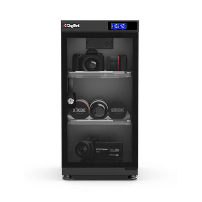 Black 50L digital dry cabinet with humidity controller, front view and blue display