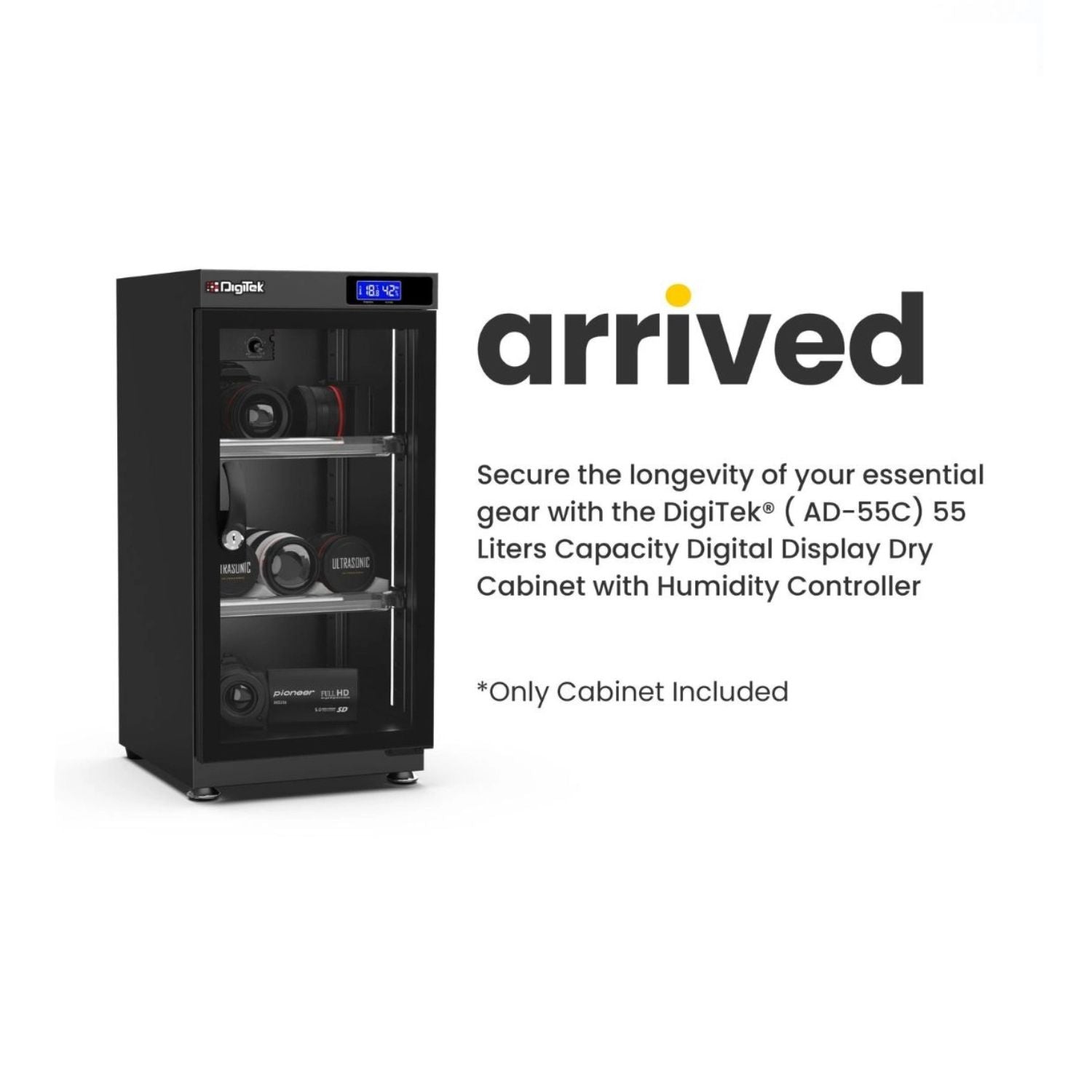 Black 50L digital dry cabinet with humidity controller, side-angle front with display