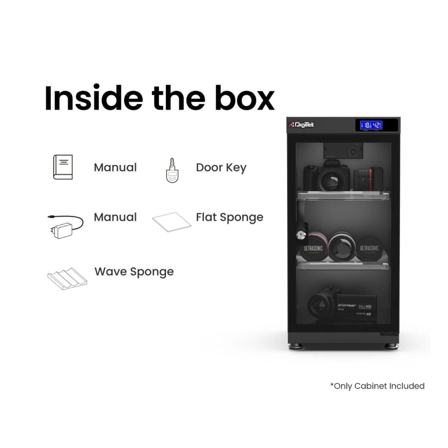 Digital dry cabinet humidity controller with included accessories: manuals, keys, sponges