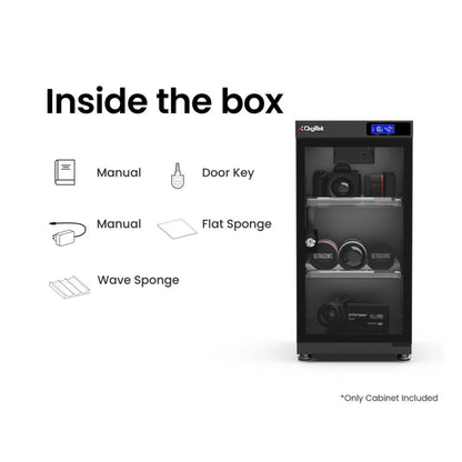 Digital dry cabinet humidity controller with included accessories: manuals, keys, sponges
