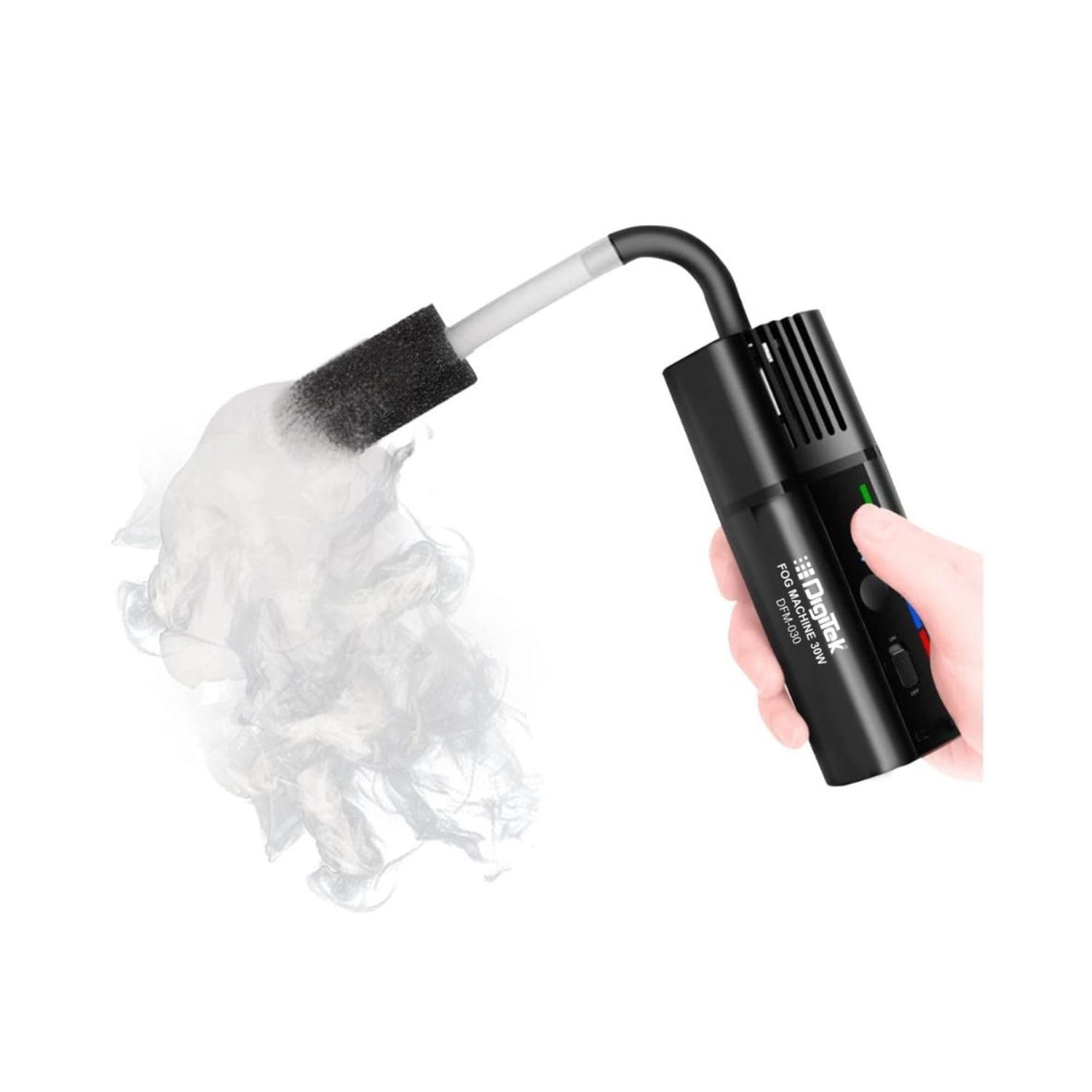 Handheld fog machine with sponge nozzle, held in a hand; visible smoke plume