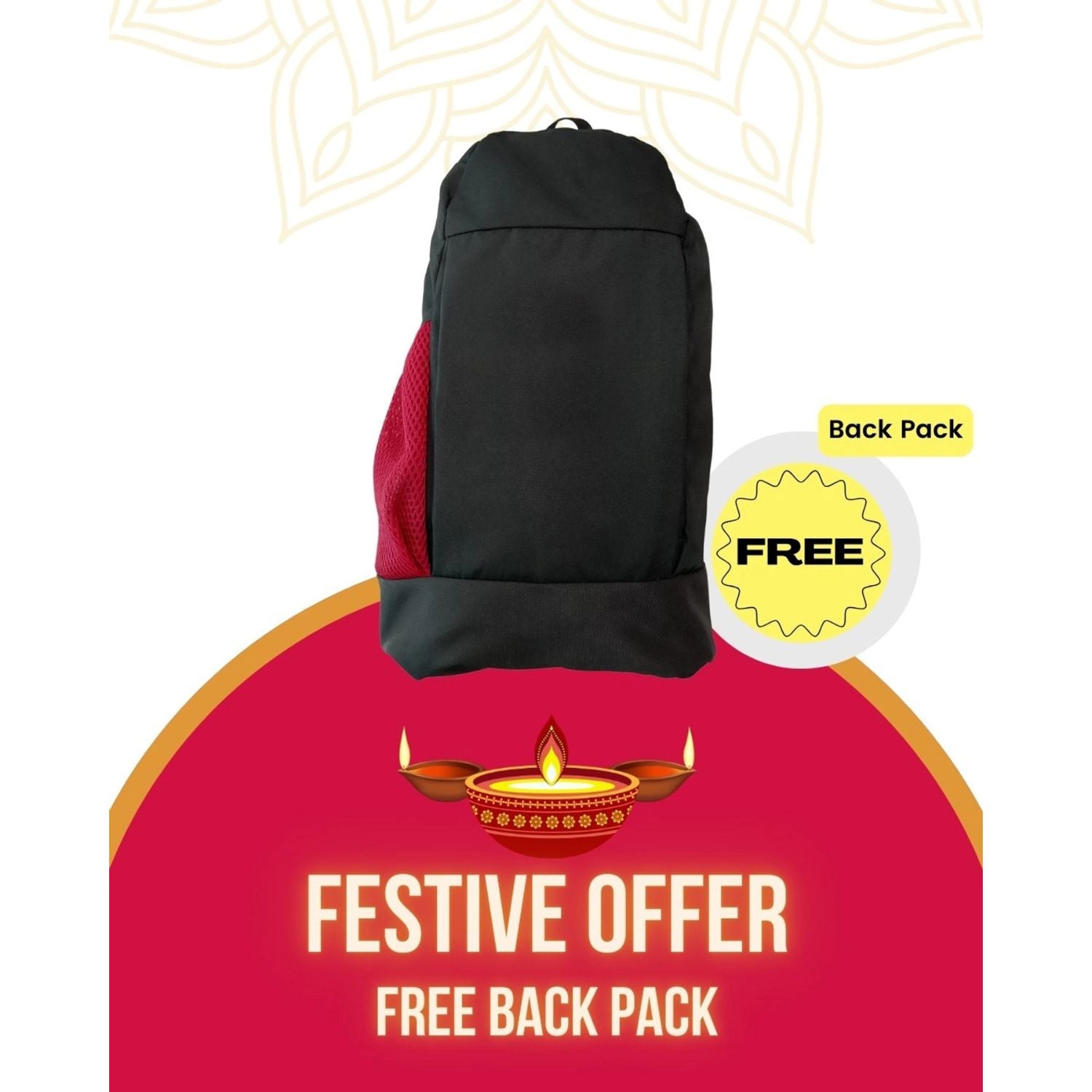 Black backpack with a red mesh side panel; front top handle